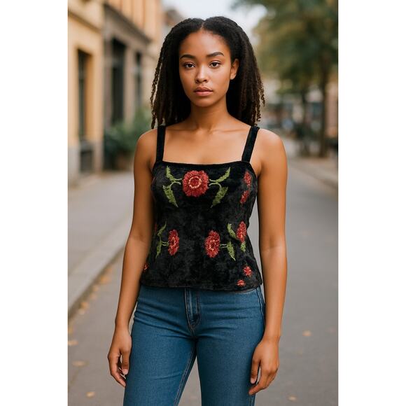 Kimchi Blue Jana Velvet Embroidered Top Baby Doll Roses Retro 90s Whimsy Goth M - Picture 1 of 12